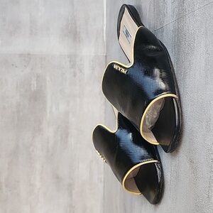 Prada Black Yellow Patent Leather Logo Embellished Flat Slides Size 42.5